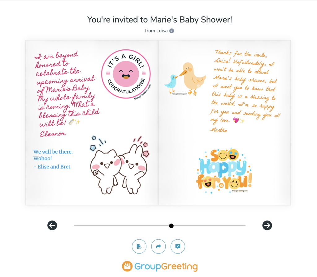 GroupGreeting invitation with personalized messages including stickers